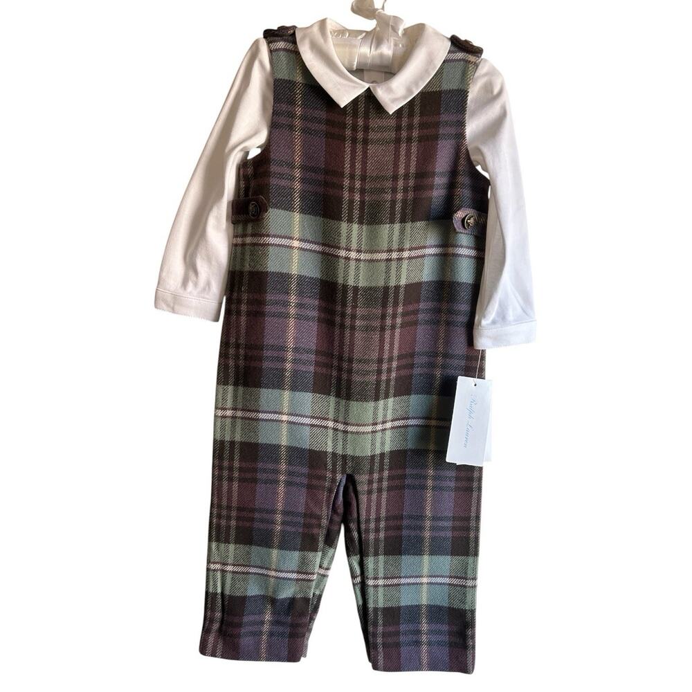 Ralph Lauren Baby Boy 12M Plaid Overall Bodysuit 2 Piece Brown Classic NWT